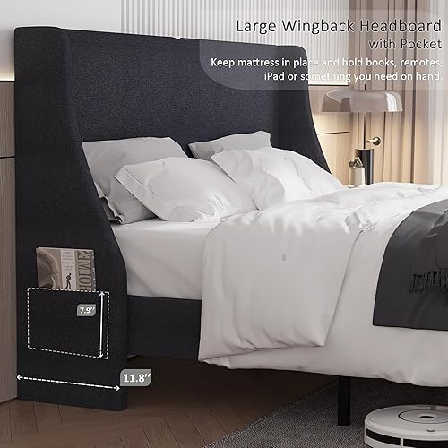 Miniatura 3 de VECELO Base de cama matrimonial con cabecera tapizada con respaldo alado, plataforma resistente con estación de carga y bolsillos laterales, no