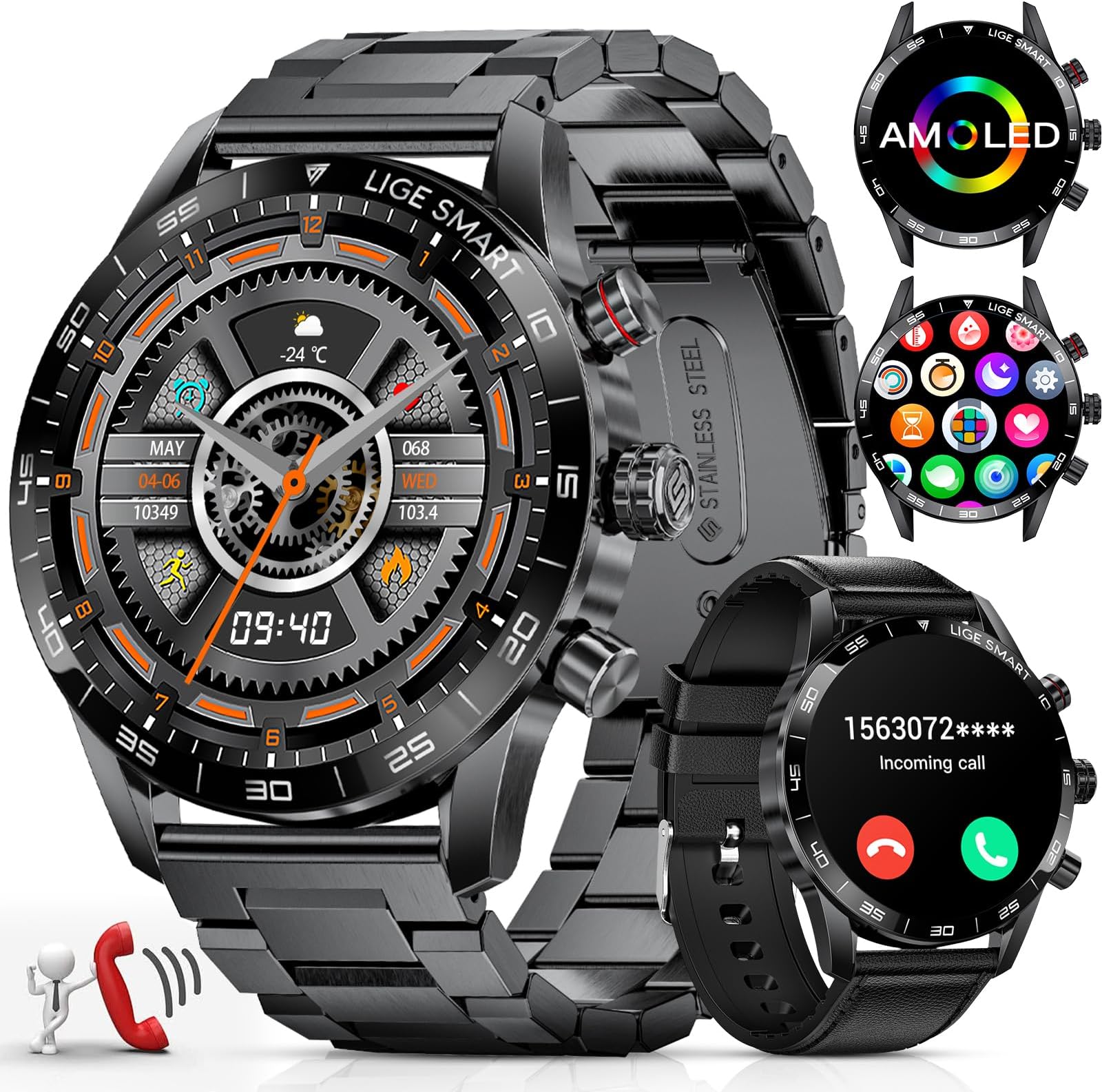 Smart Watch for Men,1.43'' AMOLED Display Smartwatch Compatible for Android iOS Phone,Rugged Military Bluetooth Call(Answer/Dial Calls),AI Voice Assistant with 2 Watchbands(Stainless Steel+Leather)
