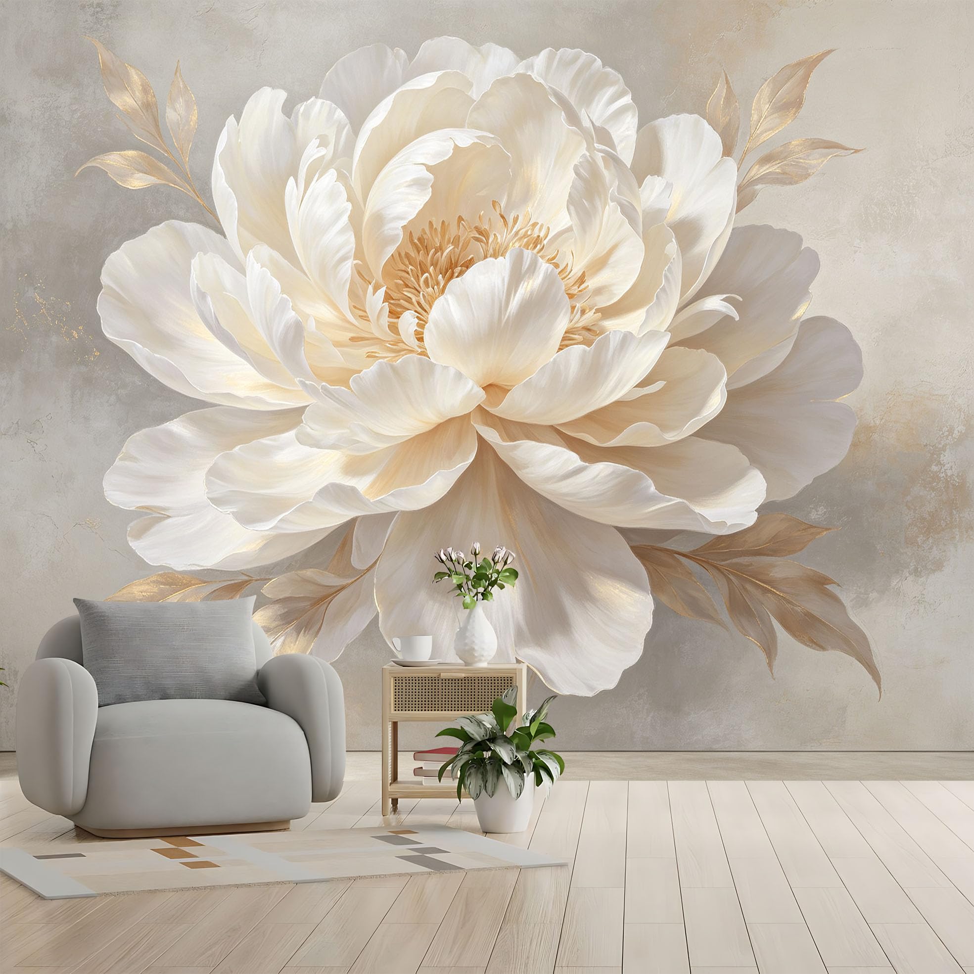 Ponadwymiarowy biały kwiat piwonii mural ścienny elegancki biały kwiat tapeta z włókniny nowoczesna luksusowa botaniczna kwiatowa fototapeta 250 x 175 cm kremowo-beżowa osłona ścienna do salonu