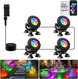 NATPOW Bluetooth APP Teichbeleuchtung LED Unterwasser, Unterwasserbeleuchtung RGB Teichlicht mit Fernbedienung, IP68 wasserdicht, Farbwechsel Gartenbeleuchtung für Garten, Patio, Baum(4 in 1)