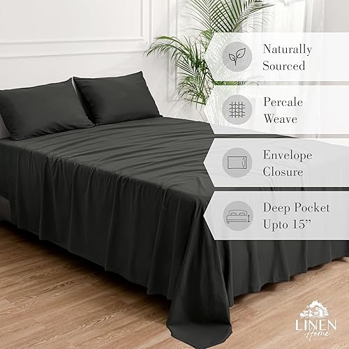 Miniatura 3 de Linen Home Juego de sábanas de percal de algodón lavado, color carbón, bolsillo profundo, 4 piezas, 1 sábana encimera, 1 sábana bajera y 2 fundas de