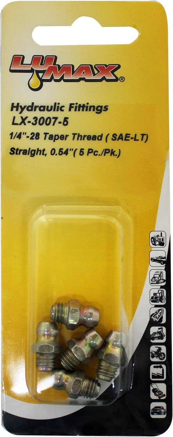 Lumax LX-3007-5 Gold/Silver 1/4"-28 Taper Thread (SAE-LT) Straight 0.54" Long Grease Fitting, (Pack of 5), Used on Most Auto Vehicles and Industrial Equipment