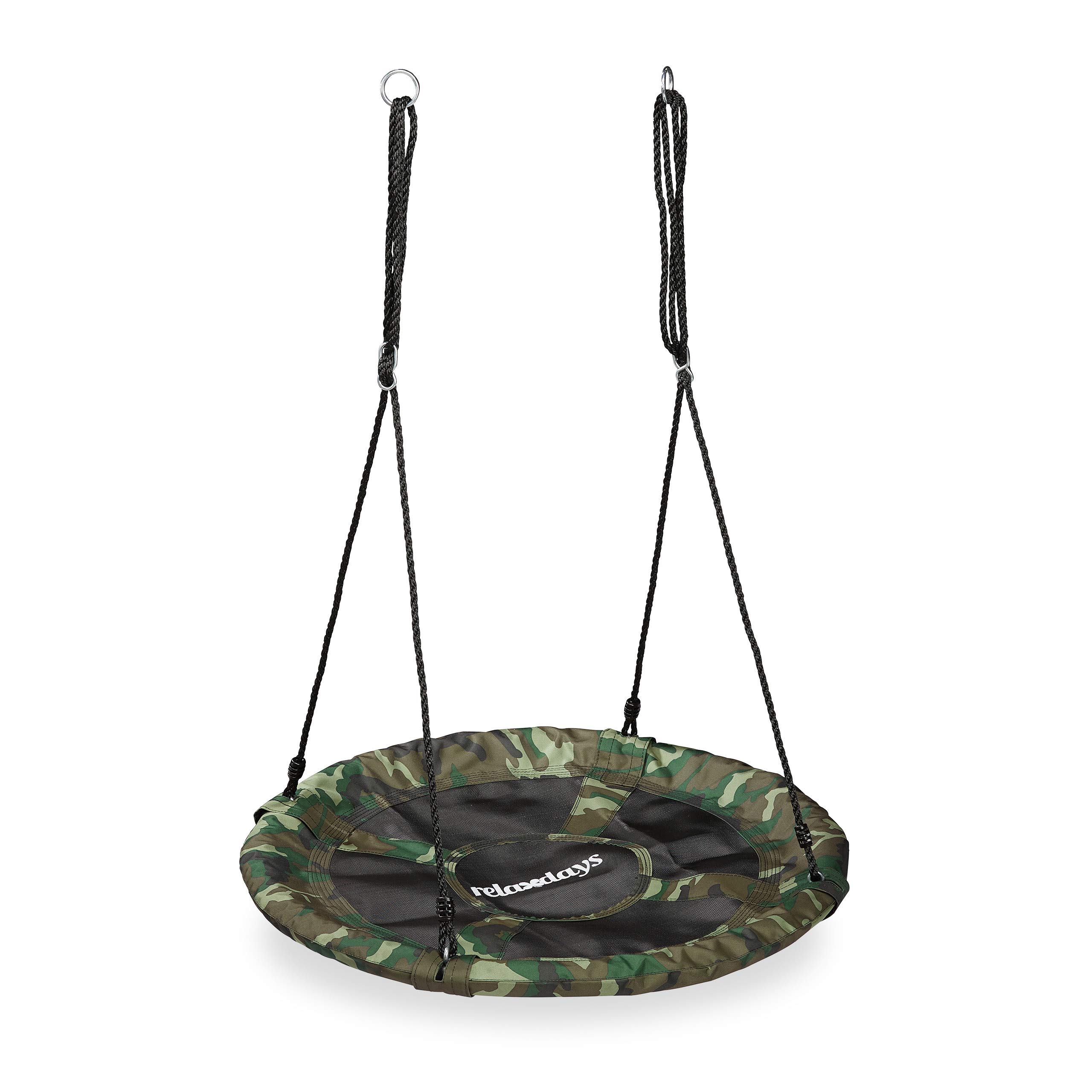 Relaxdays Columpio Nido Camuflaje, Niños y Adultos, Balancín Exterior Redondo, hasta 100 kg, 90 cm Ø, Verde Oscuro