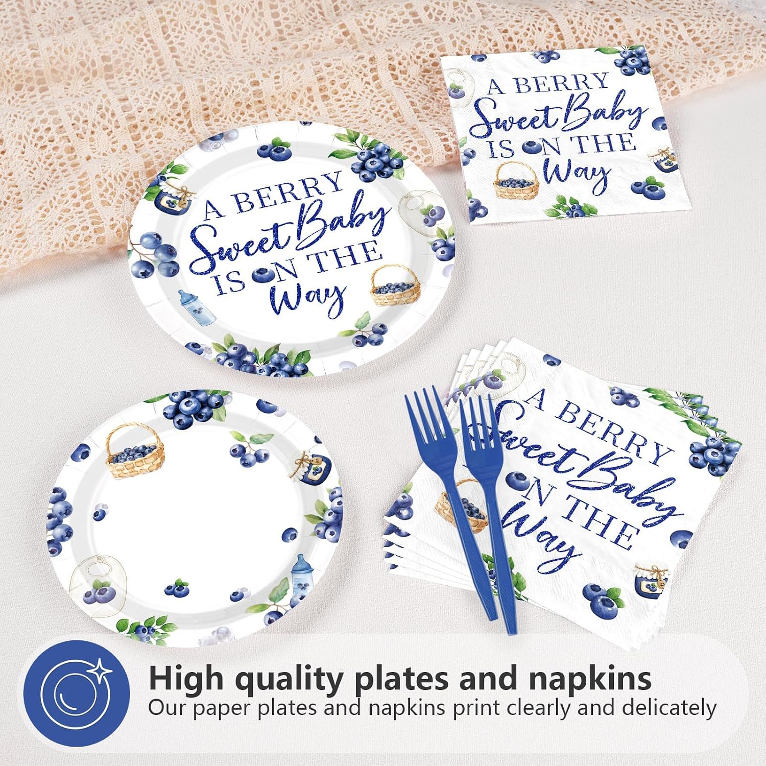 96 Pcs Blueberry Baby Shower Decorations Berry Paper Plates and Napkins A Berry Baby Is On The Way Tableware Set for Baby Shower Blueberry Fruit Themed Party Supplies, Serves 24