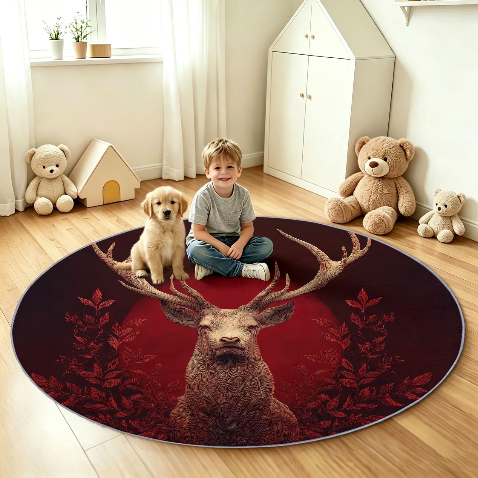 Tappeto rotondo lavabile, 60 cm, morbido tappeto rotondo con stampa di animali selvatici, foresta, cervi, cervi a pelo corto, antiscivolo, per ingresso, soggiorno, camera da letto, accanto al divano e