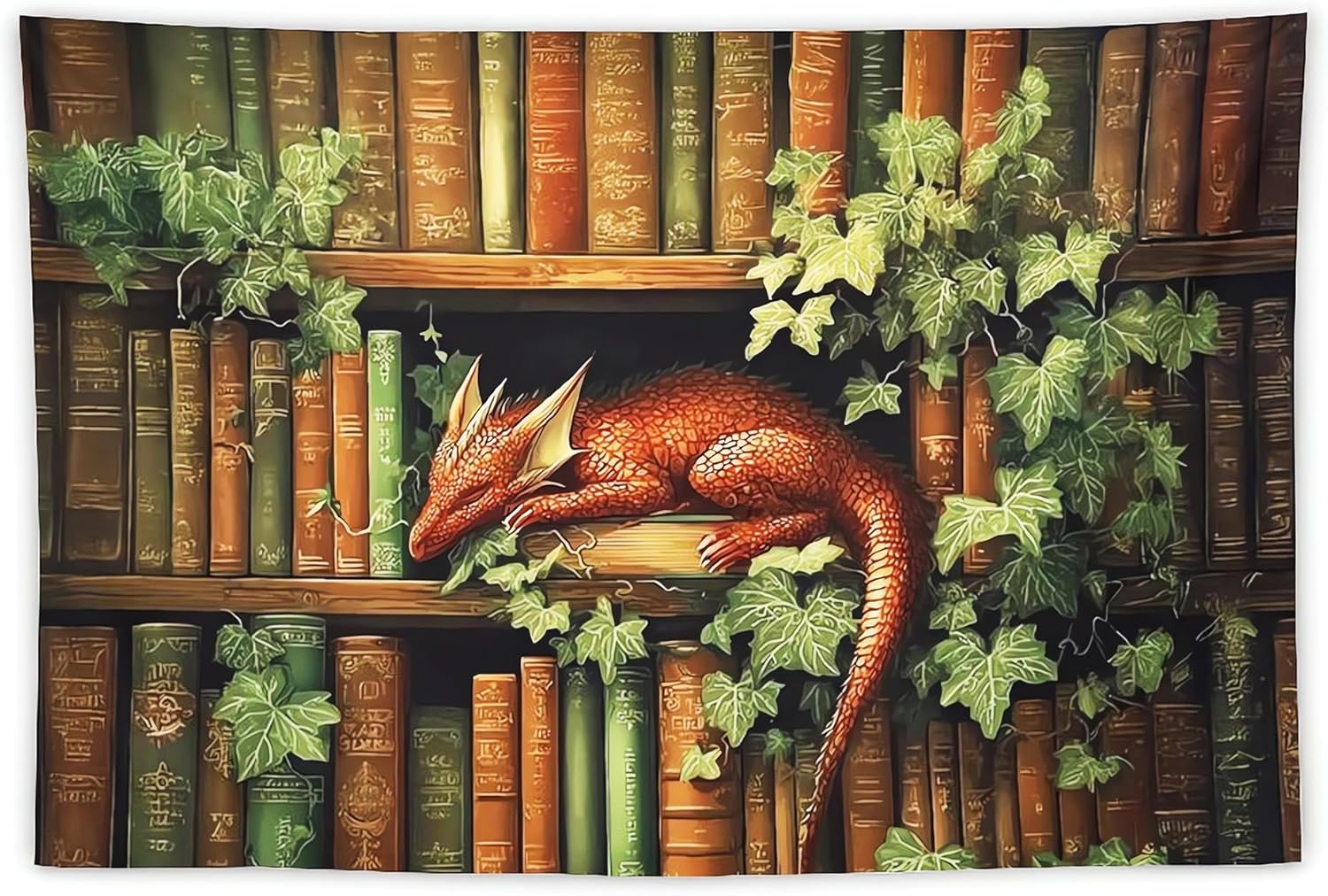 ANMOGID Bookshelf Dragon Tapestry for Bedroom, Made in USA Vintage Sleeping Dragon Wall Art for Living Room Dorm Party Home Decor 50"x60"
