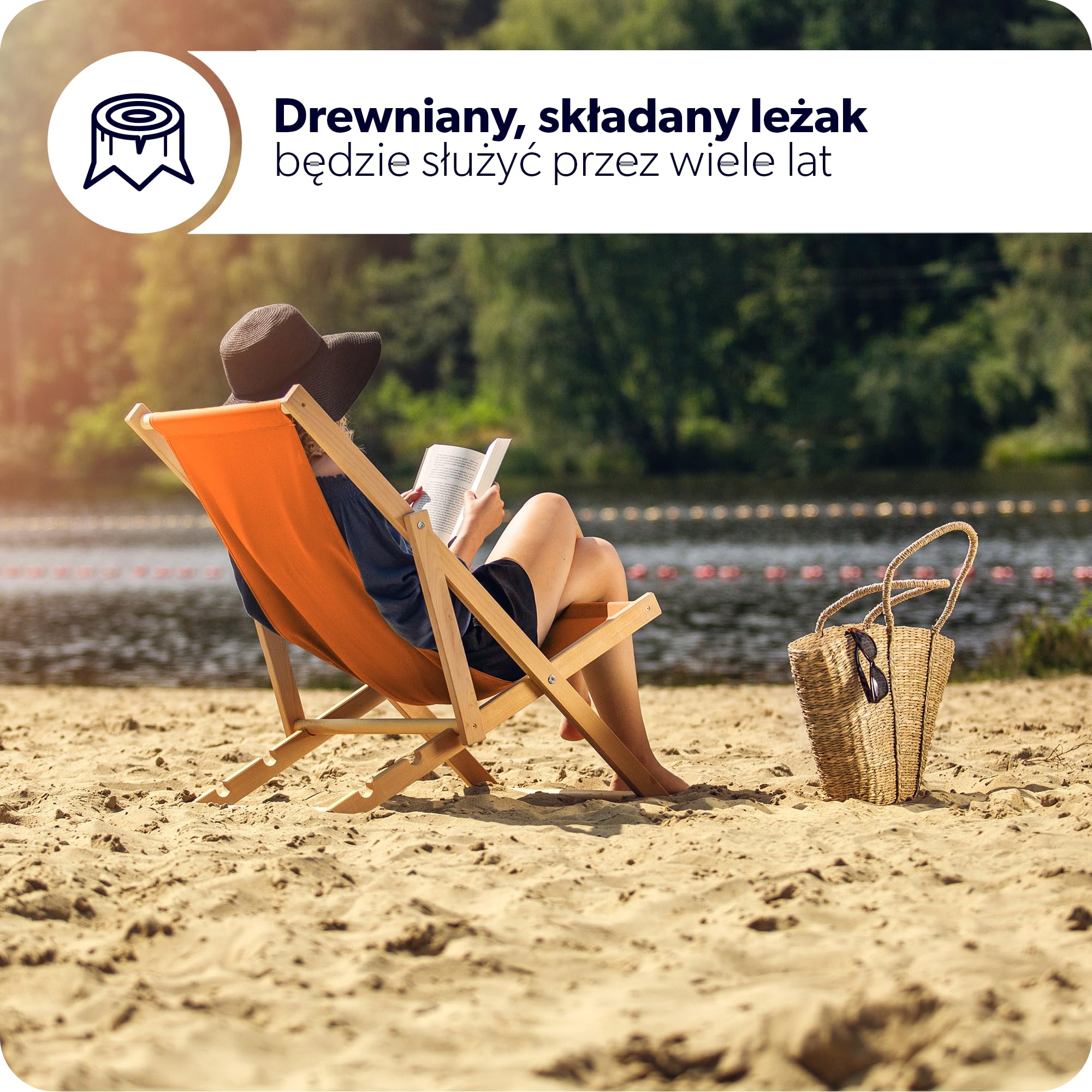KADAX Leżak drewniany z buku, składany na plażę i do ogrodu, solidna konstrukcja, udźwig do 120 kg, łatwe przechowywanie, kolor pomarańczowy