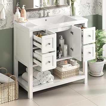 36" Free Standing Bathroom Vanities with Resin Sink Combo, Modern Wood Bathroom Storage Cabinet w/Undermount Sink, 4 Drawers and 2 Soft Closing Doors, Bottom Shelf, White