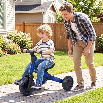 BABY JOY Toddler Bike, 5-in-1 Foldable Balance Bike with Removable Pedals, Adjustable Handlebar and Rear Wheels, Indoor Outdoor Kids Tricycle for Boys Girls Ages 2-4 (Blue, 26 x 19 x 20.5)