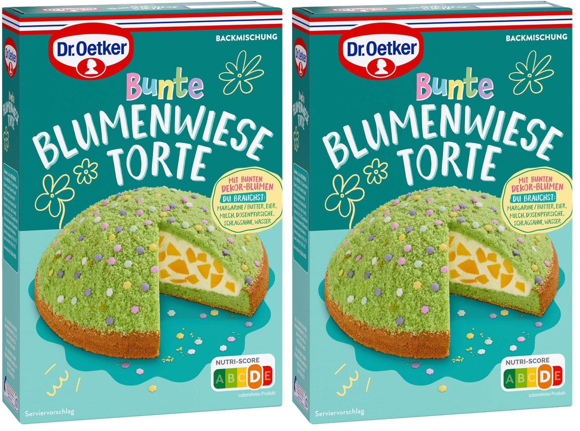 Dr. Oetker Bunte Blumenwiese-Torte: Backmischung für einen frühlingshaften Maulwurfkuchen mit Pfirsichen und Zucker-Dekor-Blumen, 337g (Packung mit 2)