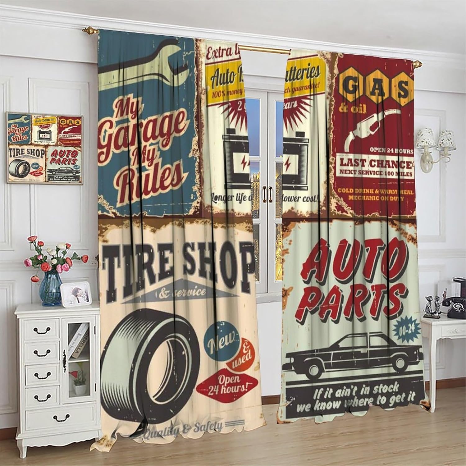 1950s Retro Vintage Car Signs Automobile Advertising Repair Vehicle Garage Classics Servicing Pattern Printed Bedroom Living Room Decoration Curtains W52 * L84 Inch image 3