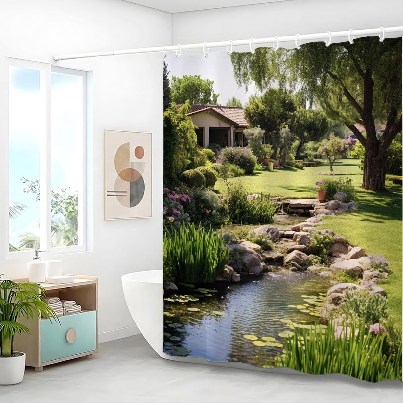Duschvorhang 200x240 cm Anti Schimmel - Sommer Design - Wasserdicht & Waschbar Schnelltrocknender Polyester Stoff - Inkl. 12 Ringe und Gewicht Shower Curtain für Badezimmer, Bauernhaus J8-609