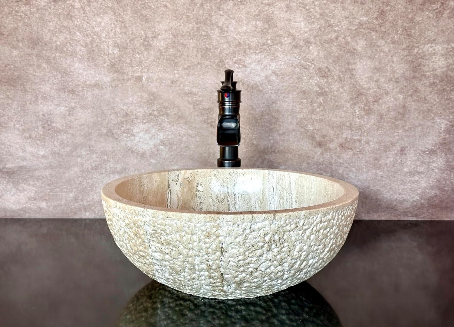 Hellosinks Handmade ‎Rustic Round Beige Travertine Stone Vessel Sink Vanity for Modern Bathrooms