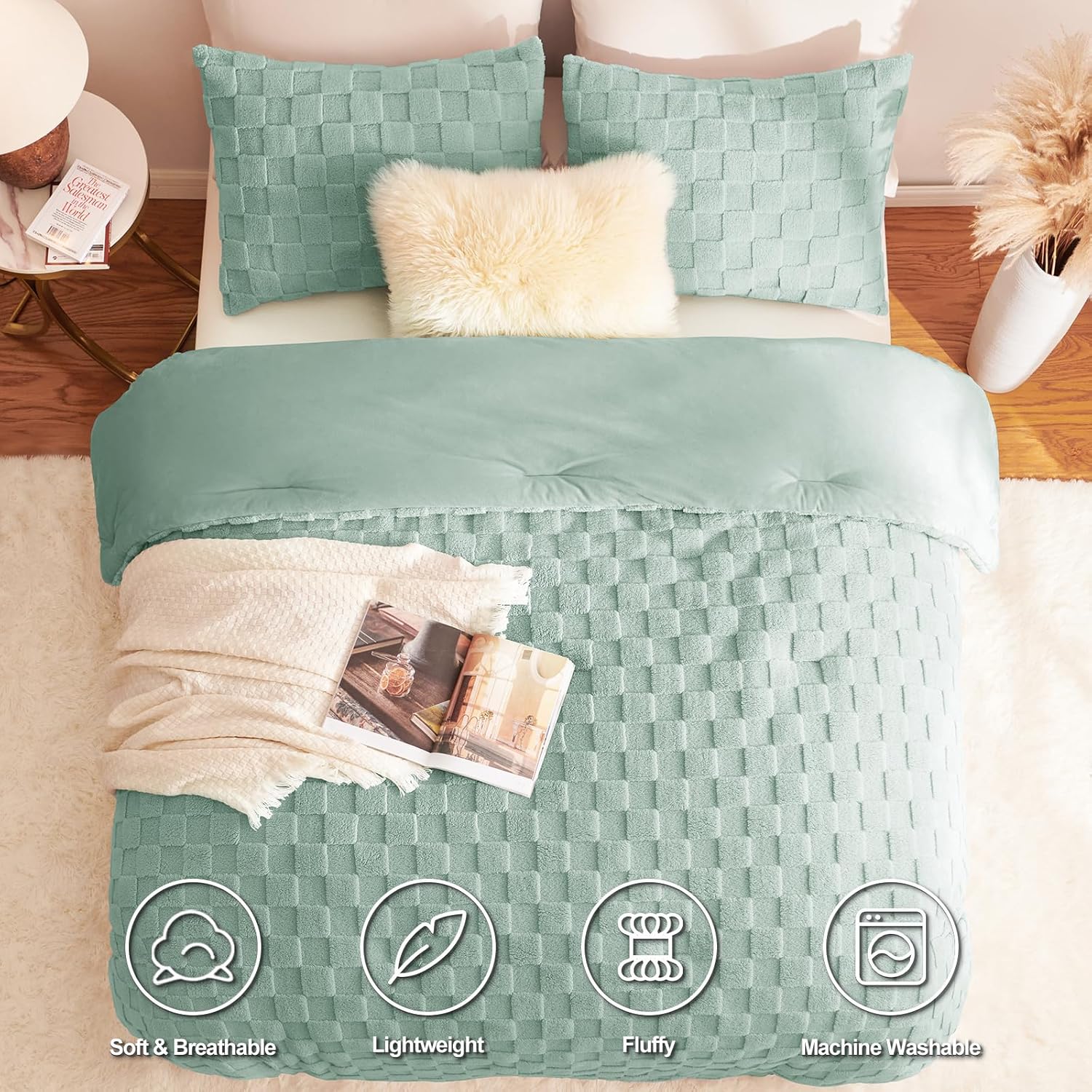 CozyLux Fleece Queen Comforter Set Sage Green,Super Soft & Warm Fluffy Bedding with Checkered Pattern,Luxury Fuzzy Heavy Bed Set for Winter,3 Pieces,1 Comforter and 2 Pillowcases - Image 2