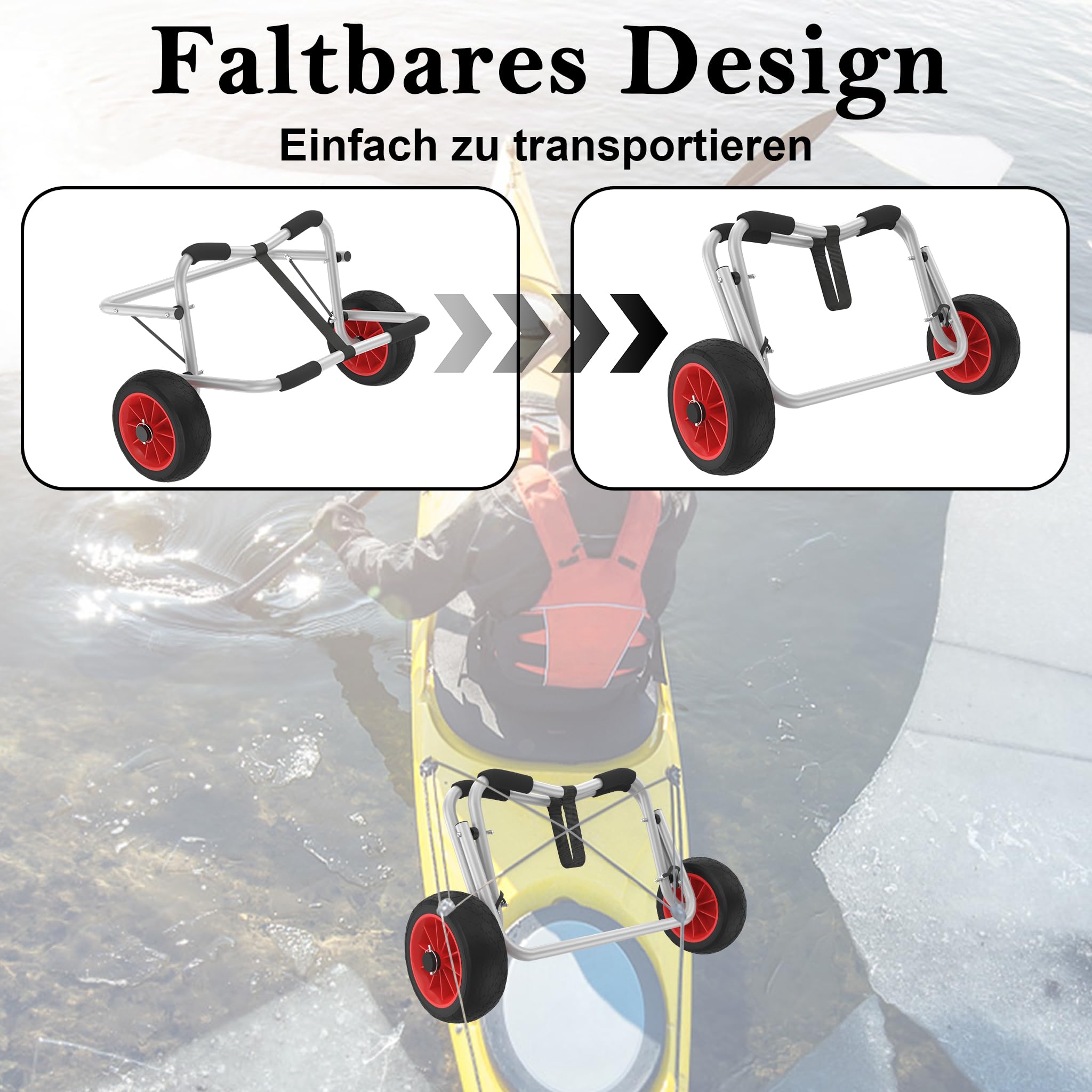 Faltbarer Kanuwagen & Kajakwagen aus Aluminium – Transportwagen für Kajak, Kanu & SUP, mit 2 PU-Rädern, Spannriemen, Traglast bis 100 kg