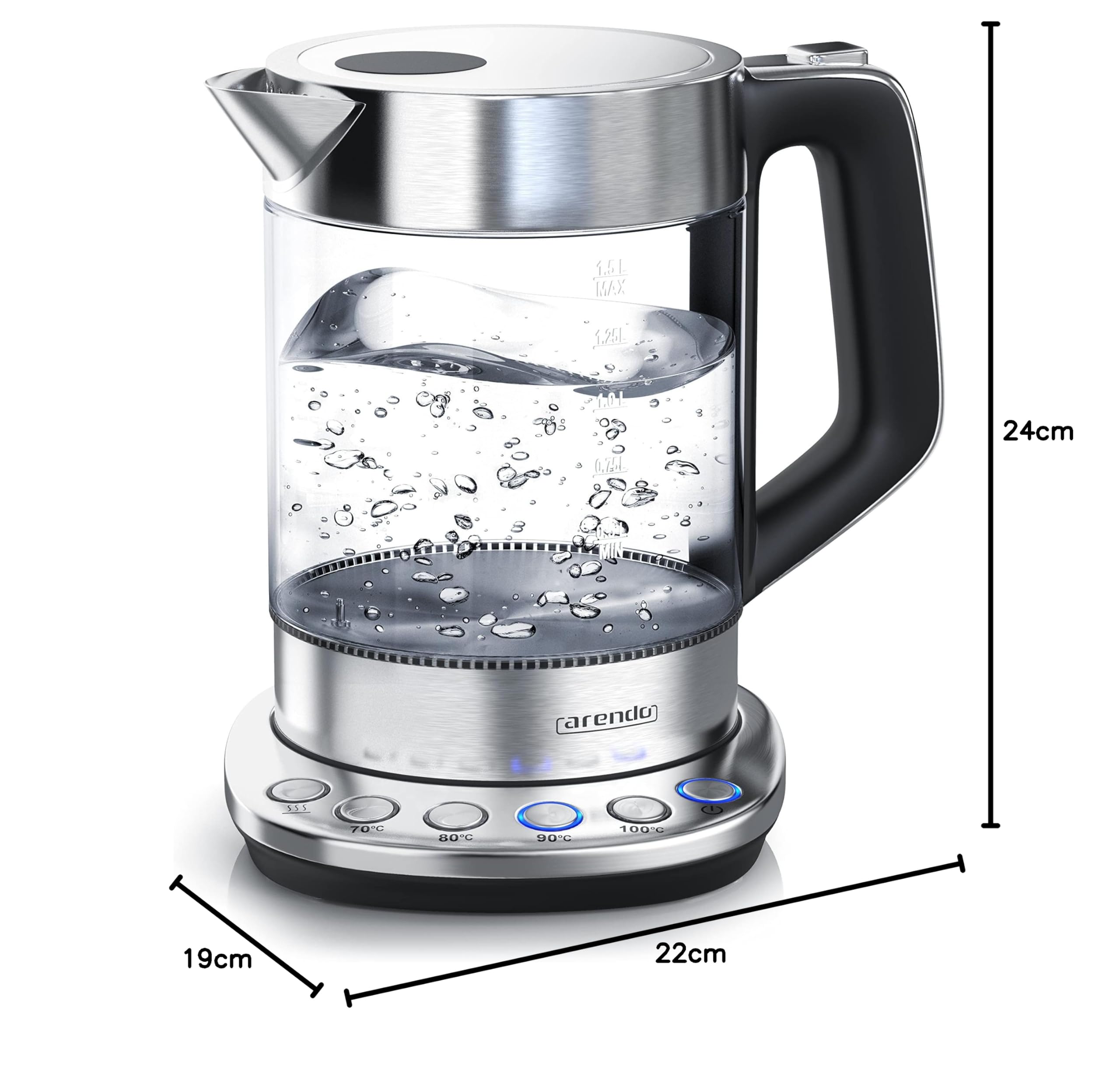Arendo - Glas Wasserkocher mit Temperatureinstellung - Warmhaltefunktion 30min - 1,5 Liter Füllmenge - Borosilikatglas - Basisstation aus Edelstahl - Modernes Design