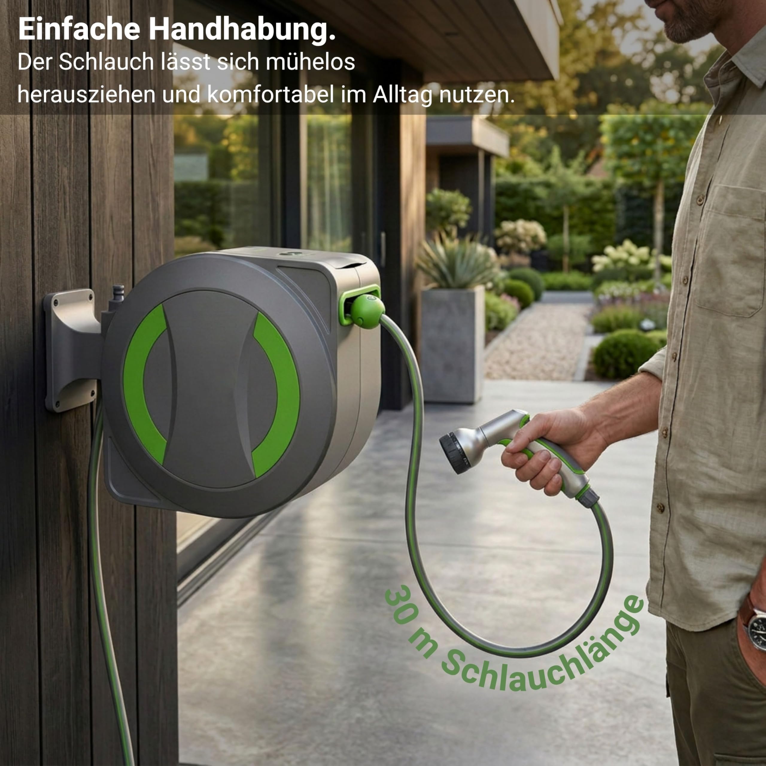 Dönges novaterra® Elektrische Schlauchtrommel 30m – Automatische akkubetriebene Gartenschlauchtrommel mit elektrischem Einzug, wetterfeste Schlauchbox für Garten & Terrasse, Akku Schlauchaufroller