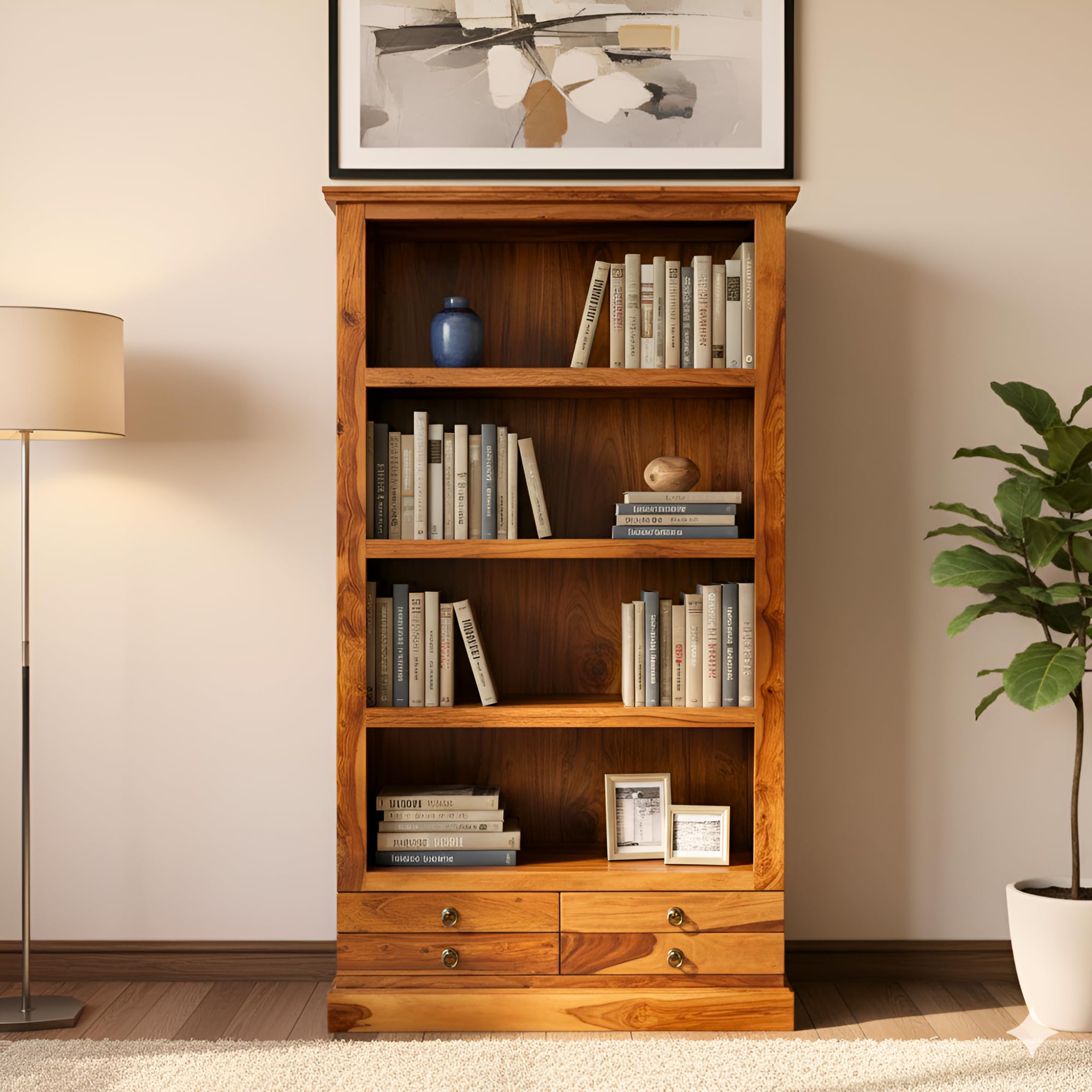 Wooden Book Shelf for Home Library | Bookshelf for Home Library | Book Shelves Open Bookcase Books Rack | Display Unit Book Stand for Office (Natural Teak Finish)