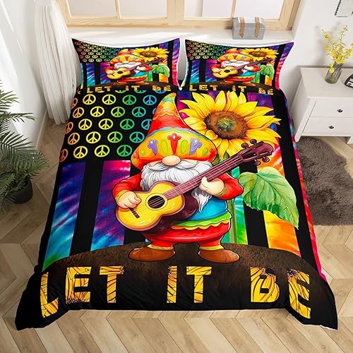 Manfei Juego de funda de edredón con símbolo de paz para niños, tamaño King, bonita funda de edredón de guitarra de gnomo con 2 fundas de almohada,