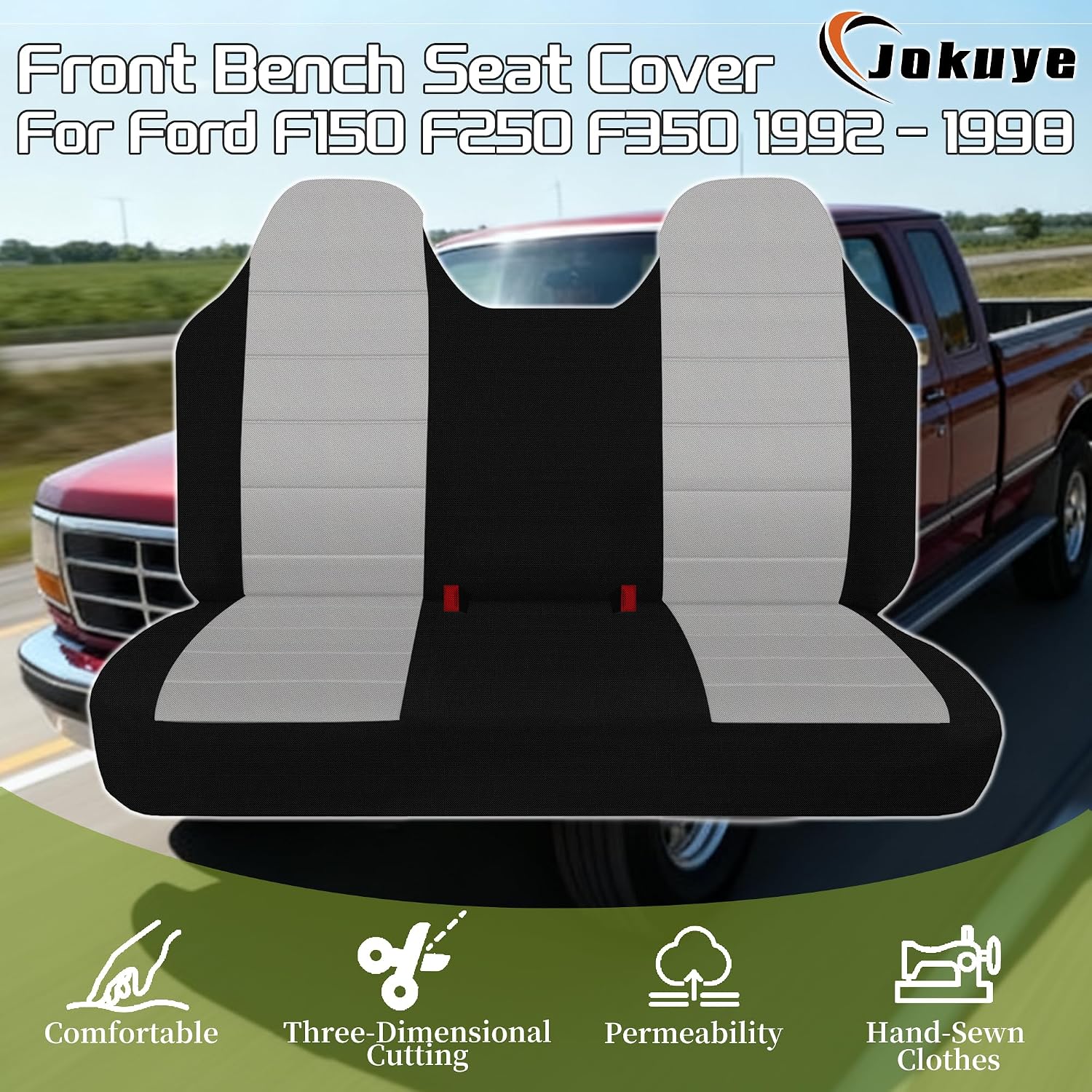 Jokuye Front Bench Seat Cover for Ford F150 F250 F350 1992 1993 1994 1995 1996 1997 1998 Thickened Composite Fabric Truck Seat Protector with Molded Headrests, No Center Armrest, Washable - Gray