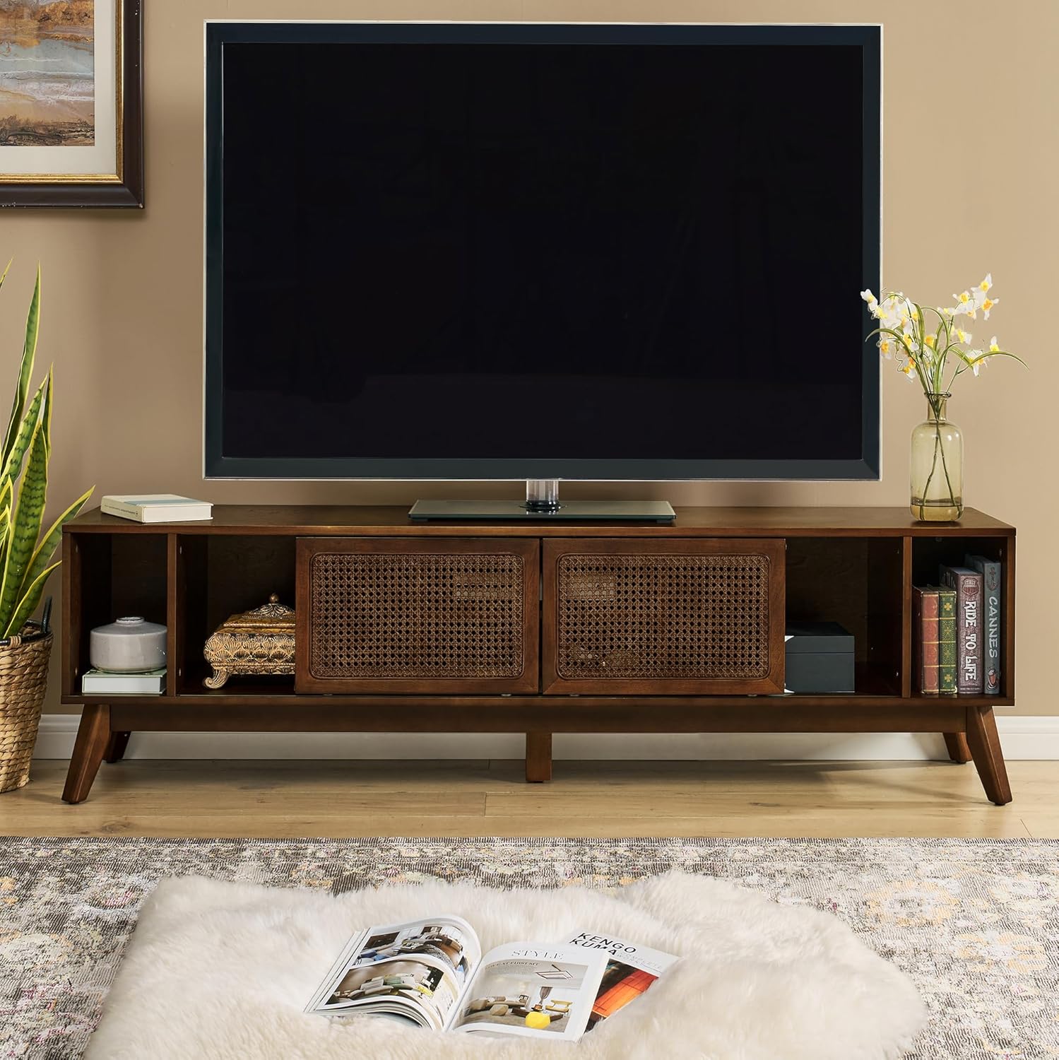 Amposei Mid Century Modern TV Stand Entertainment Center for 65/70/75 inch TVs, Sliding Rattan Door Wooden Console Storage Cabinet with Wood Legs for Living Room, Walnut
