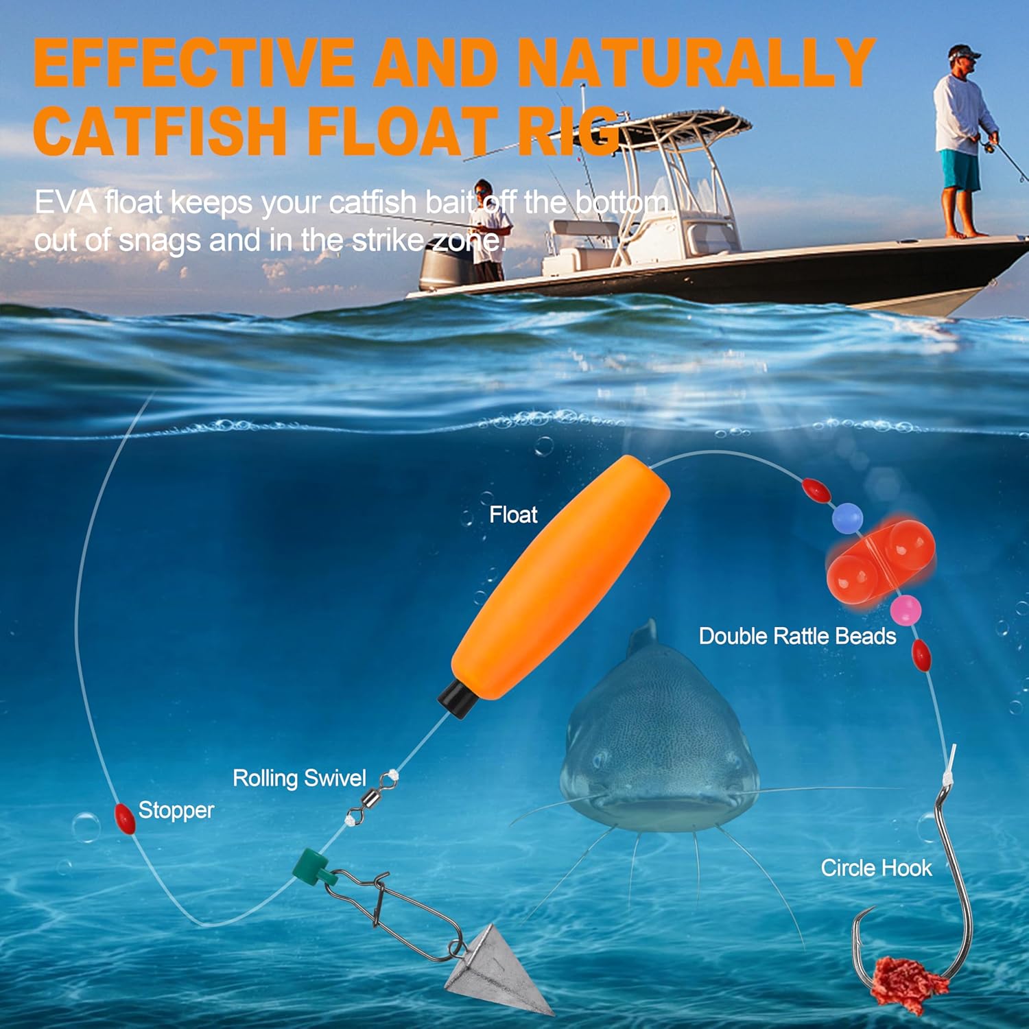 Catfish Rig Tackle Making Kit Catfishing Tackle Accessories Catfish Tackle with Catfish Floats Catfish Hooks Bobber Stoppers Swivels Fishing Rattle Bells Fishing Beads Catfishing Gear Equipment