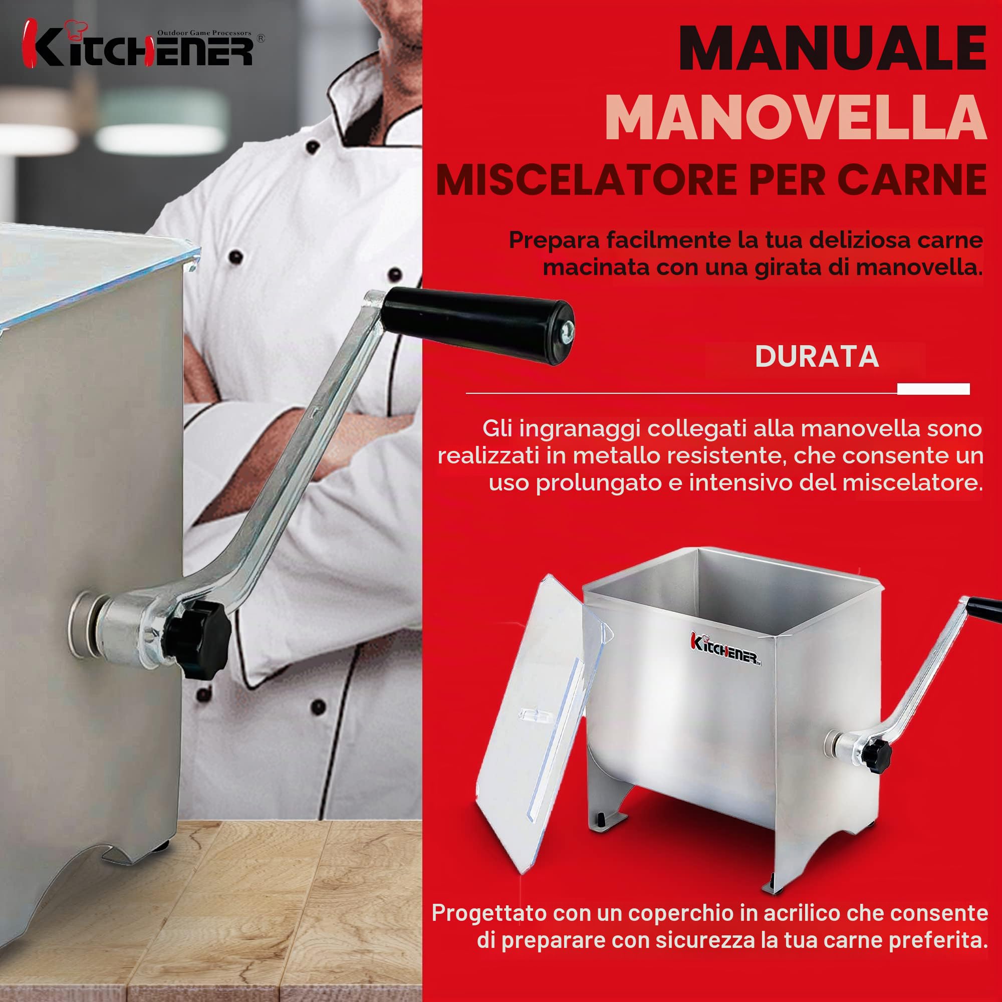 Kitchener heavy duty commercial grade manovella in acciaio inox mixer carne manual | Acciaio inox alimentare Heavy Duty; 4 pale rimovibili e coperchio trasparente, ideale per insaccati e carne condita