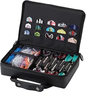 Casemaster The Pro Leatherette Dart Case with Leather-Like Exterior Covering, Holds 9 Steel Tip or Soft Tip Darts with 15 Built-in Pockets for Accessories and Plastic Tubes and Containers for Even More