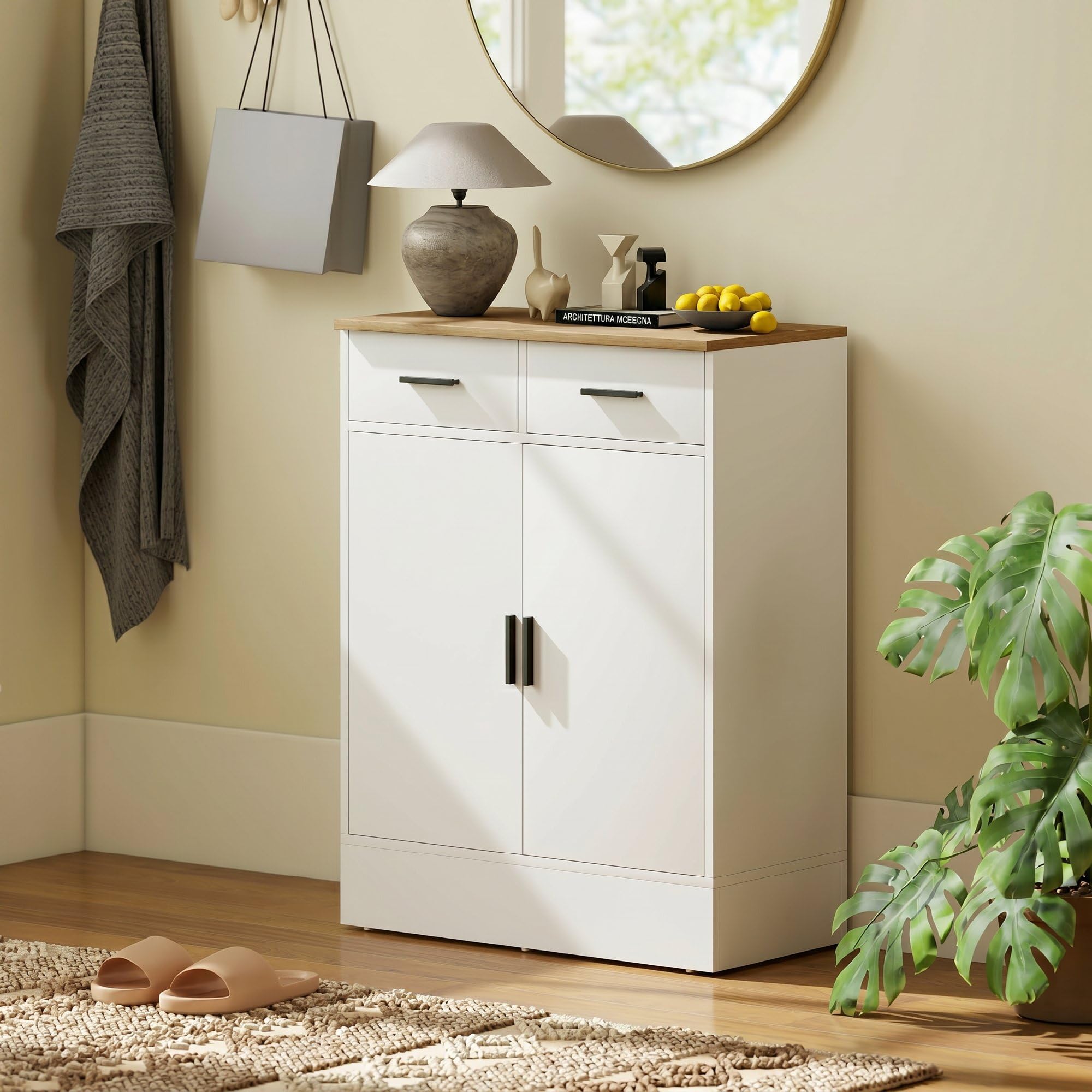 HOMCOM Credenza Cucina con 2 Cassetti e Armadietto 2 Ante, Mobile Cucina Moderno con Ripiano Regolabile, Credenza Buffet per Soggiorno, Sala da Pranzo e Salotto, 68.6x35x90.3 cm, Bianco e Color Legno
