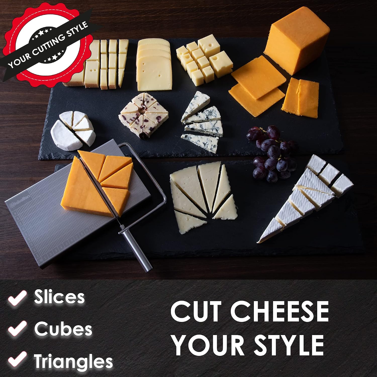 TABELTON Cheese Slicer with Wire for Block Cheese - Adjustable Cheese Cutter Board with 4 Replacement Wires - Stainless Steel Precise Scale for Clear Cuts