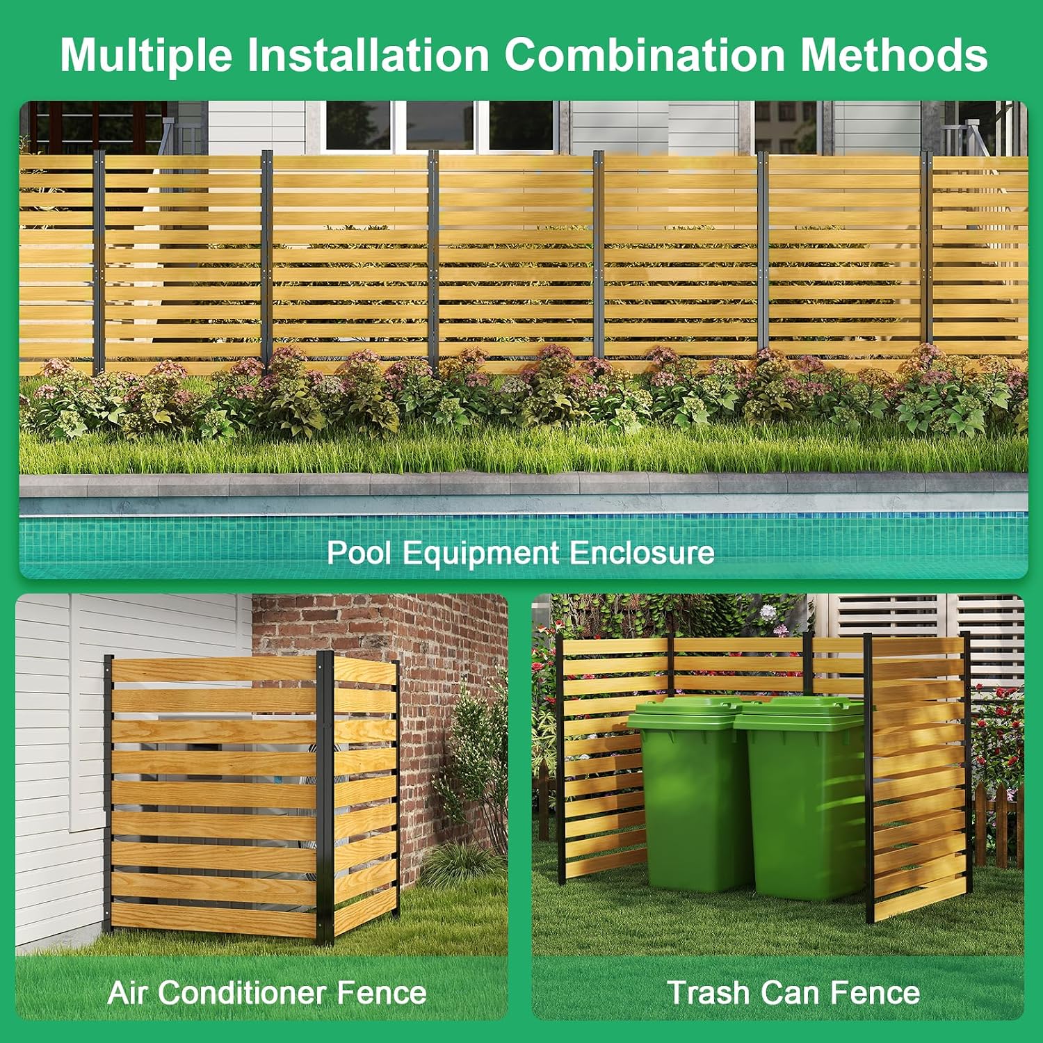 Examples of multiple installation combinations for the DoCred privacy fence, including L-shape and straight line.
