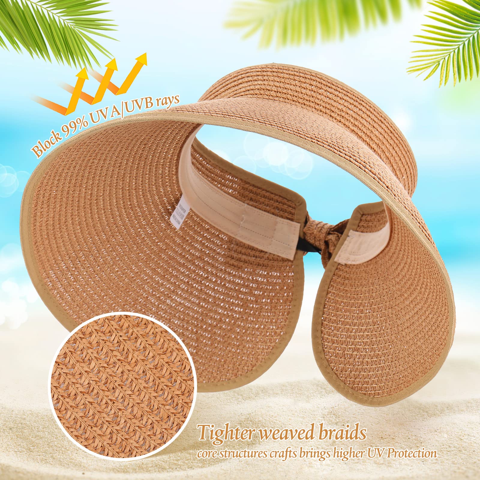6 piezas de sombrero de paja plegable de verano para playa, visera ancha para cola de caballo para mujer, gorras ajustables para niñas de viaje, Colores clásicos 3