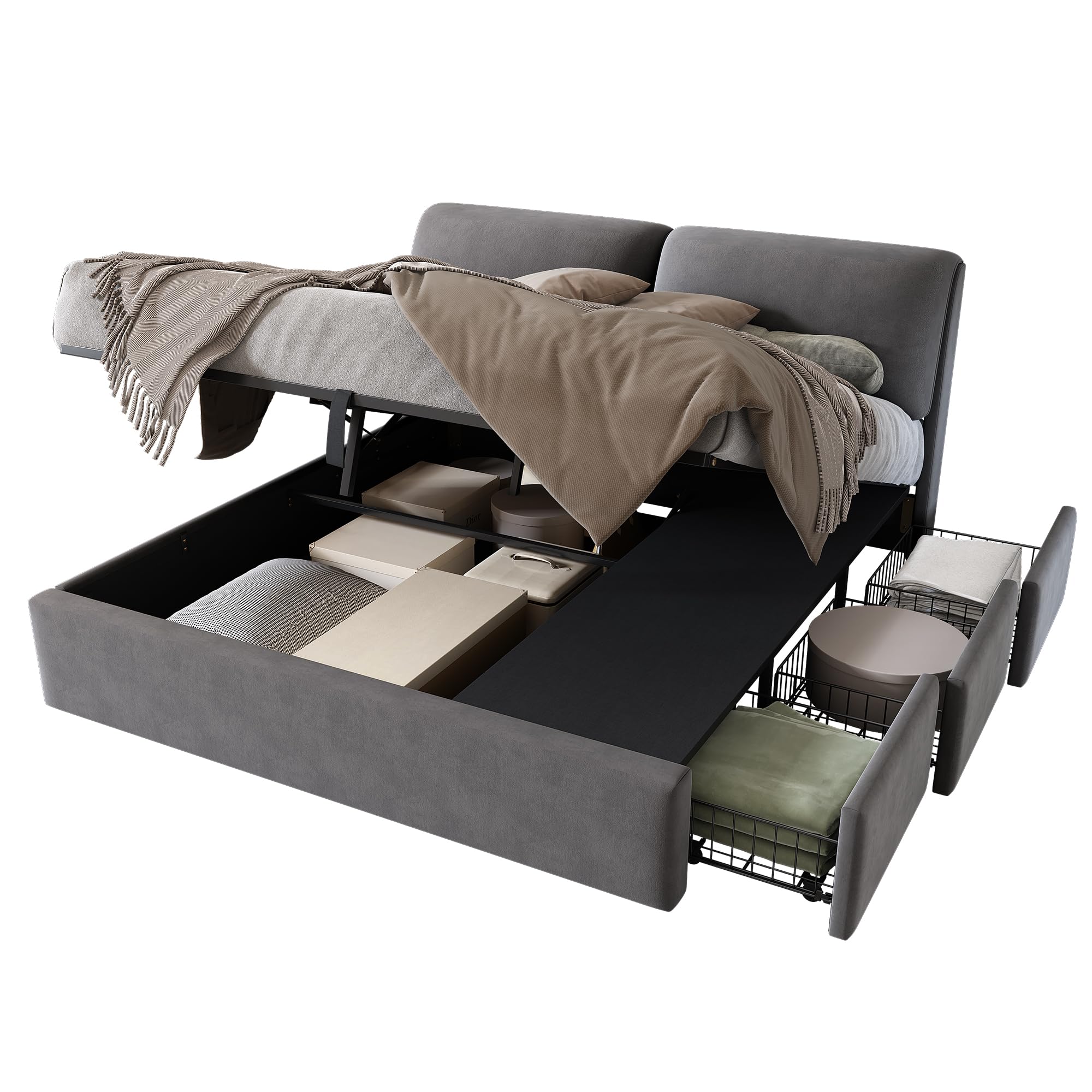 Letto Matrimoniale Imbottito Con Contenitore 160x200 – Struttura In Legno E Cotone, Rete A Doghe, Testata Moderna, Grigio Chiaro – Aprile Idraulico - 3