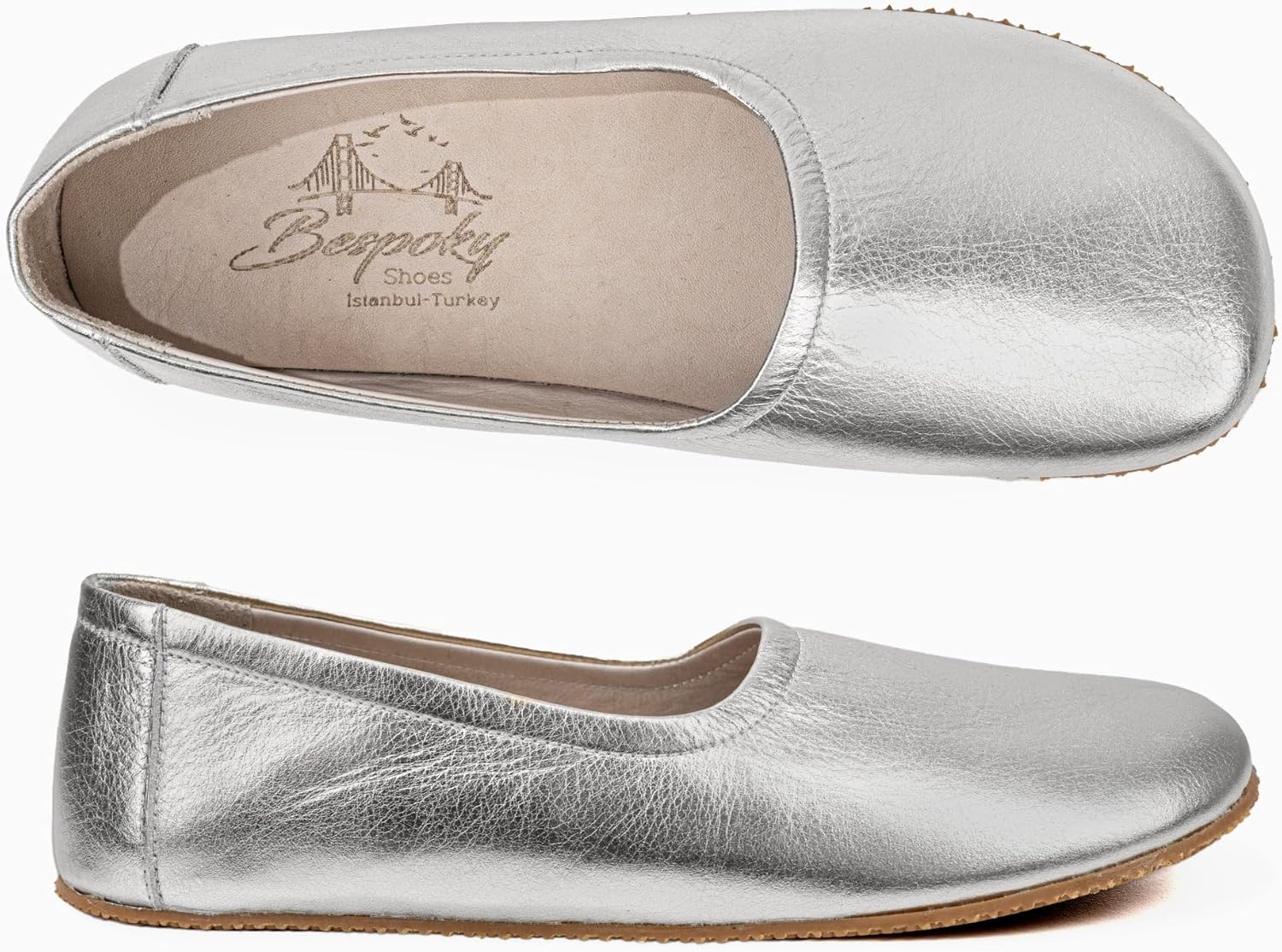 Tulip Silver Color Artisan Handcrafted Genuine Leather Zero Drop Barefoot Flat Ballet Shoes for Women Wide Toe Box Flexible Sole Lightweight Breathable Eco-Friendly Grounding Minimalist Shoes