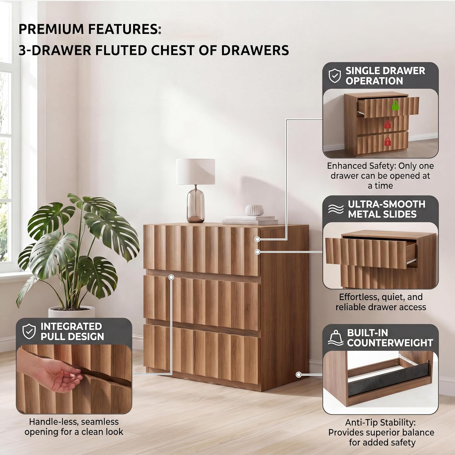 VividVibe Fluted 9 Drawer Dresser-93.87" Extra-Wide Wooden Dressers & Chests of Drawers, Long Dresser TV Stand with Large Storage Horizontal Dressers for Bedroom Modern Amber Oak