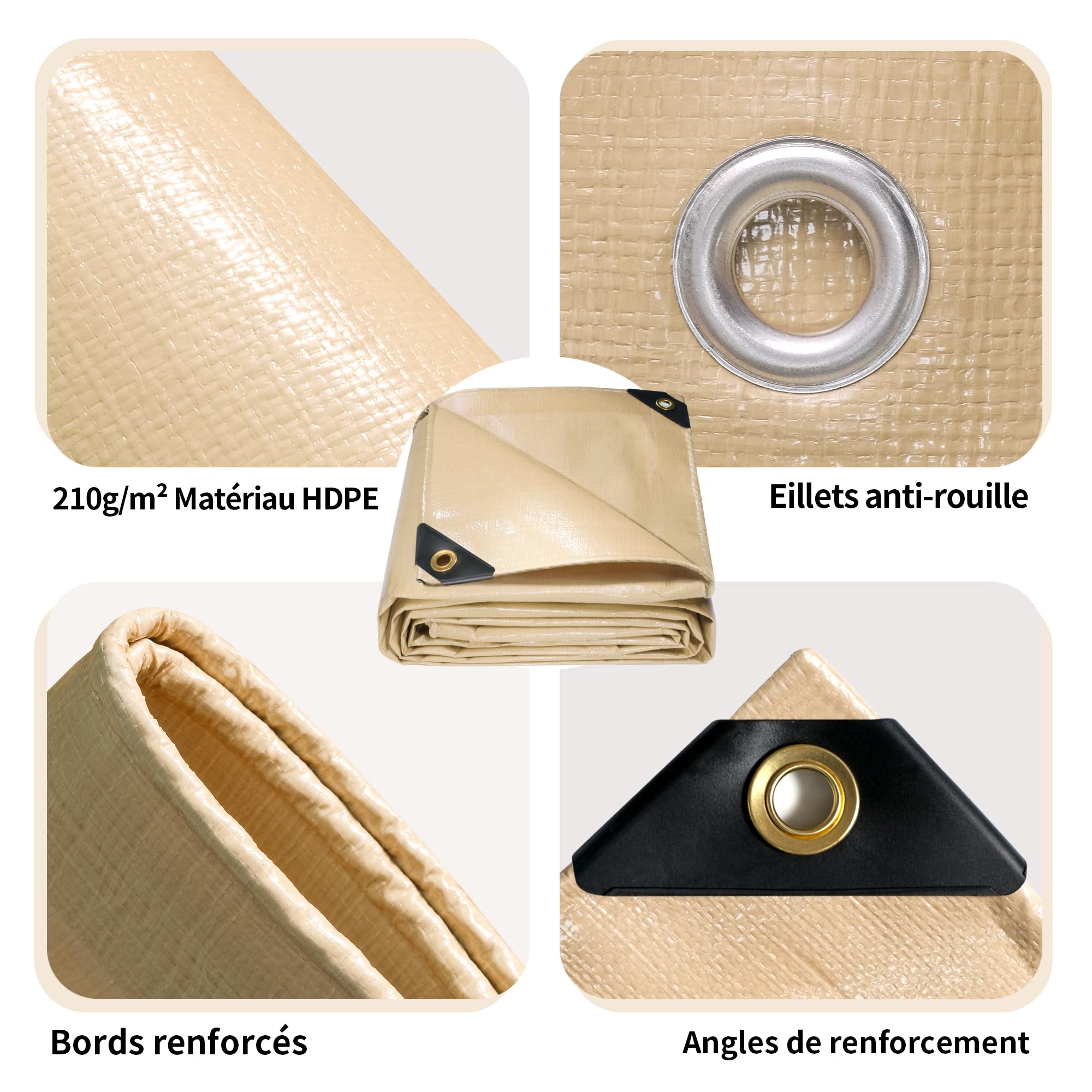 Bâche de Protection Extérieure 2x2m 210g/m² Beige - Bâche Imperméable avec Oeillets Renforcés, Anti-UV, Résistante aux Intempéries et au Gel pour Usage Extérieur Polyvalent