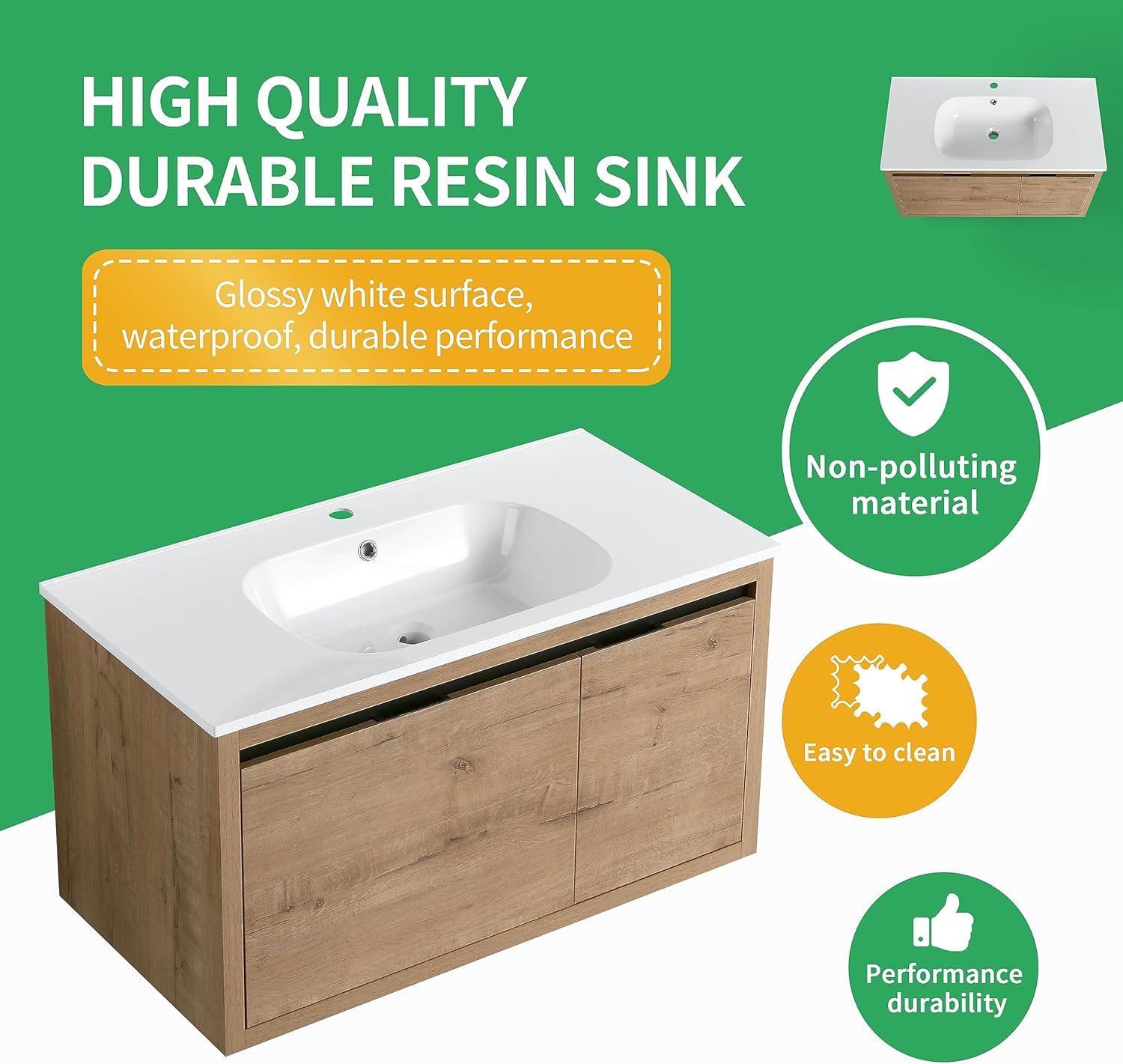 36 Inch Bathroom Vanity with Sink,Wall Mounted Bathroom Vanity Sink Combo w/Soft Close Door&Draw for Large Space,Modern Floating Bathroom Vanity w/Top Basin & Storage Cabinet,Brown