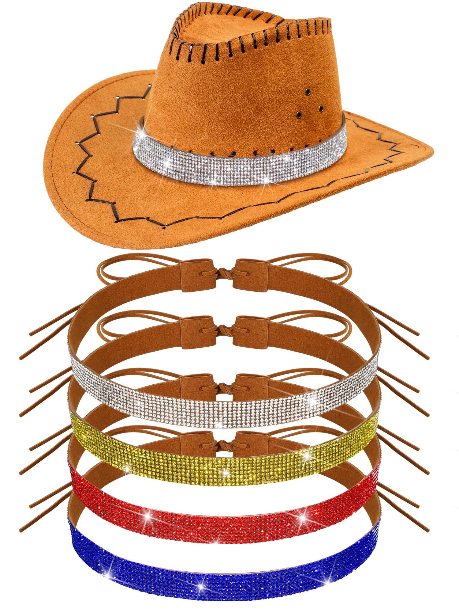 Riceshoot 4 Pcs Bling Rhinestone Hat Band Cowboy Hatband Adjustable Cowgirl Hat Belt Western Style Jewelry for Women Men(Mixed Colors)