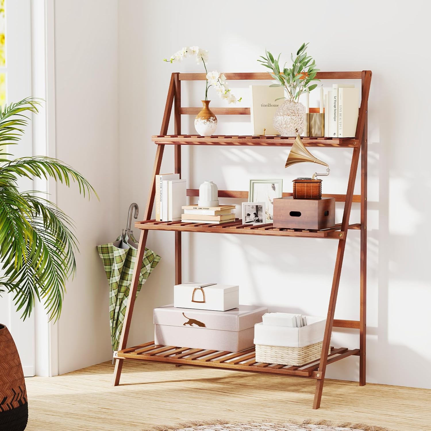 DREAMADE Plant Stand, 3 Tier Bamboo Ladder Plant Stand with Foldable Design, Anti-falling Crossbar, Freestanding Plant Shelf for Indoor Outdoor, Living Room Balcony Patio Garden