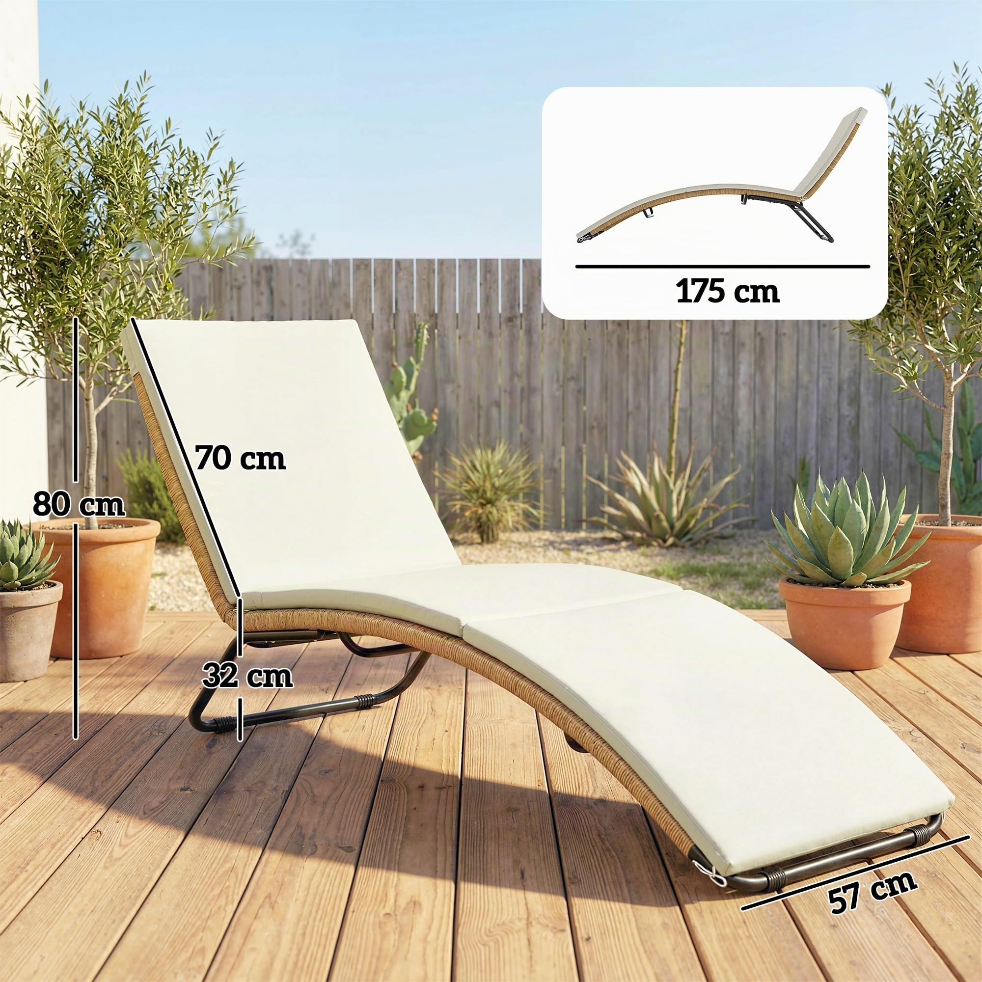 Outsunny Lettino Prendisole in Rattan Forma S con Cuscino 175x57x80cm Crema | Lettino da Giardino, Struttura in Acciaio, per Patio Spiaggia Piscina Giardino