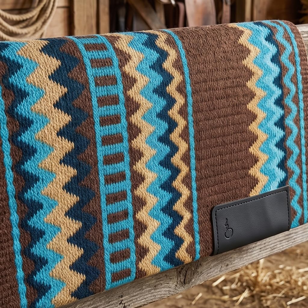 Western Show Saddle Pad/Blanket for Horses - Handmade Wool Saddle Blanket with New Zealand Design, Thick, Durable & Comfortable for Horse Riding (36” L x 38” W x 1) M60