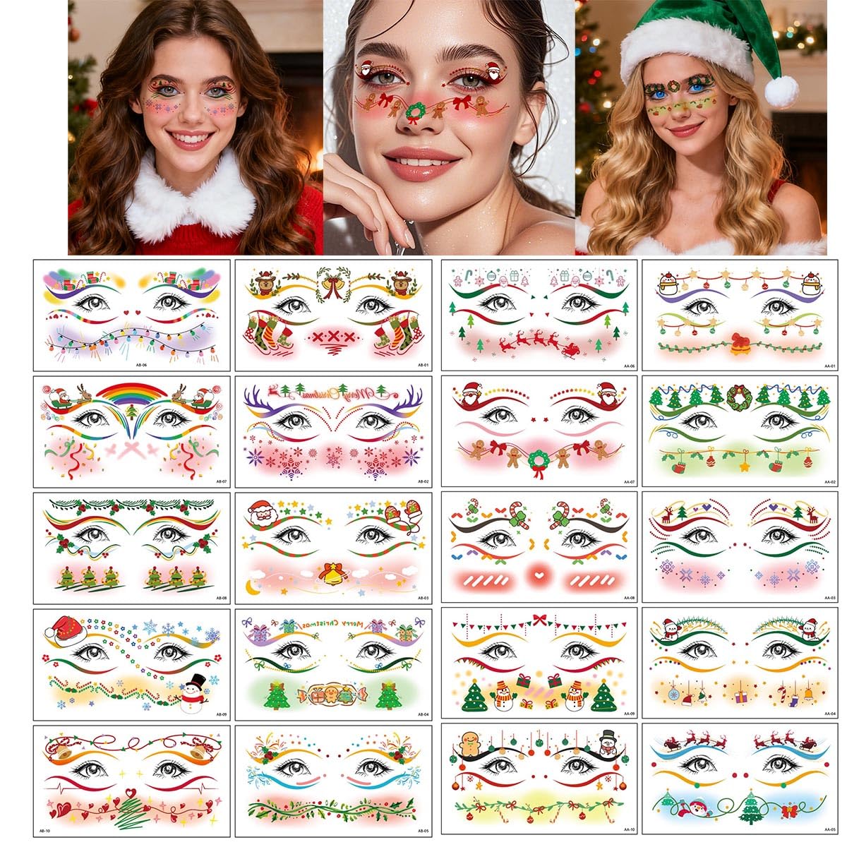 20sheets Christmas Face Temporary Tattoos Christmas Decorations Party Favors Accessories Tattoo Stickers Xmas Santa Claus Reindeer Snowman Gift for Woman Makeup Decals