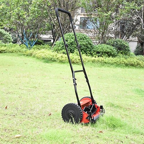 Miniatura 7 de Cortacésped de carrete de empuje de 5 cuchillas de 14 pulgadas, cortacésped manual de alta eficiencia, altura de mango ajustable, atrapador de