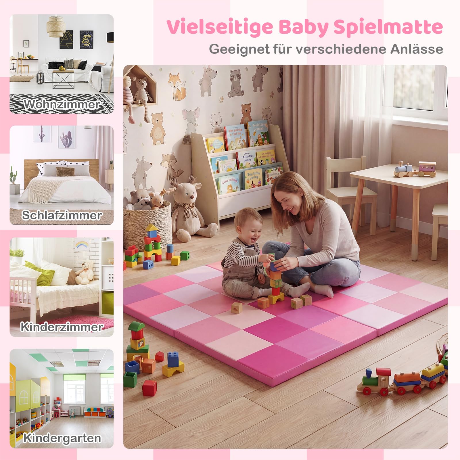 COSTWAY 2 teilige Krabblematte Baby faltbar, 144 x 144 cm Spielmatte mit Kletterverschluss, Bodenmatte aus Kunstleder & Schaumstoff, Spielteppich rutshfest für Kinderzimmer (Rosa)