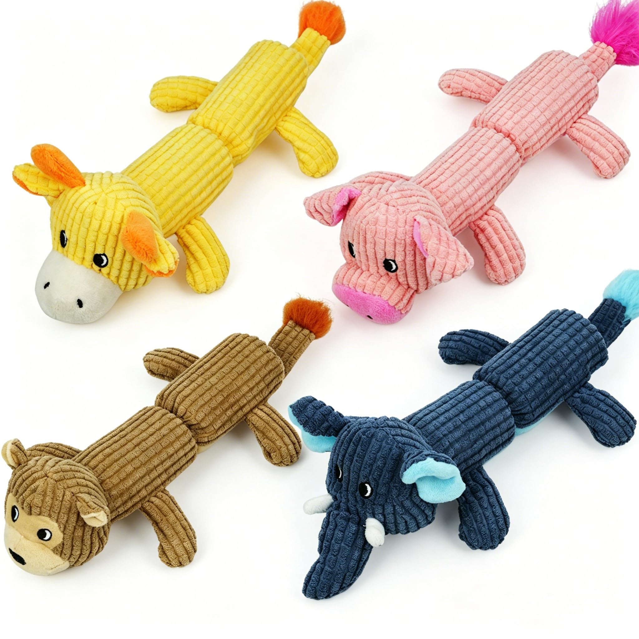 YOUBEMAGIC 4 Pack Squeaky Dog Toy No Stuffing with 2 Squeaker Body, Plush Animal Interactive Chew Dog Toy for Small Medium Large Dogs