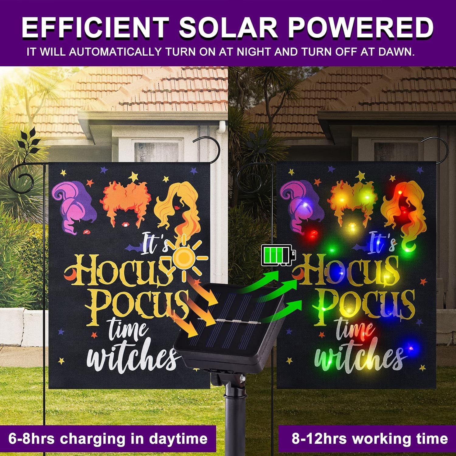 Solar Halloween Garden Flag With Lights - Hocus Pocus Time Witches Outdoor Decor For Patio, Lawn, Yard