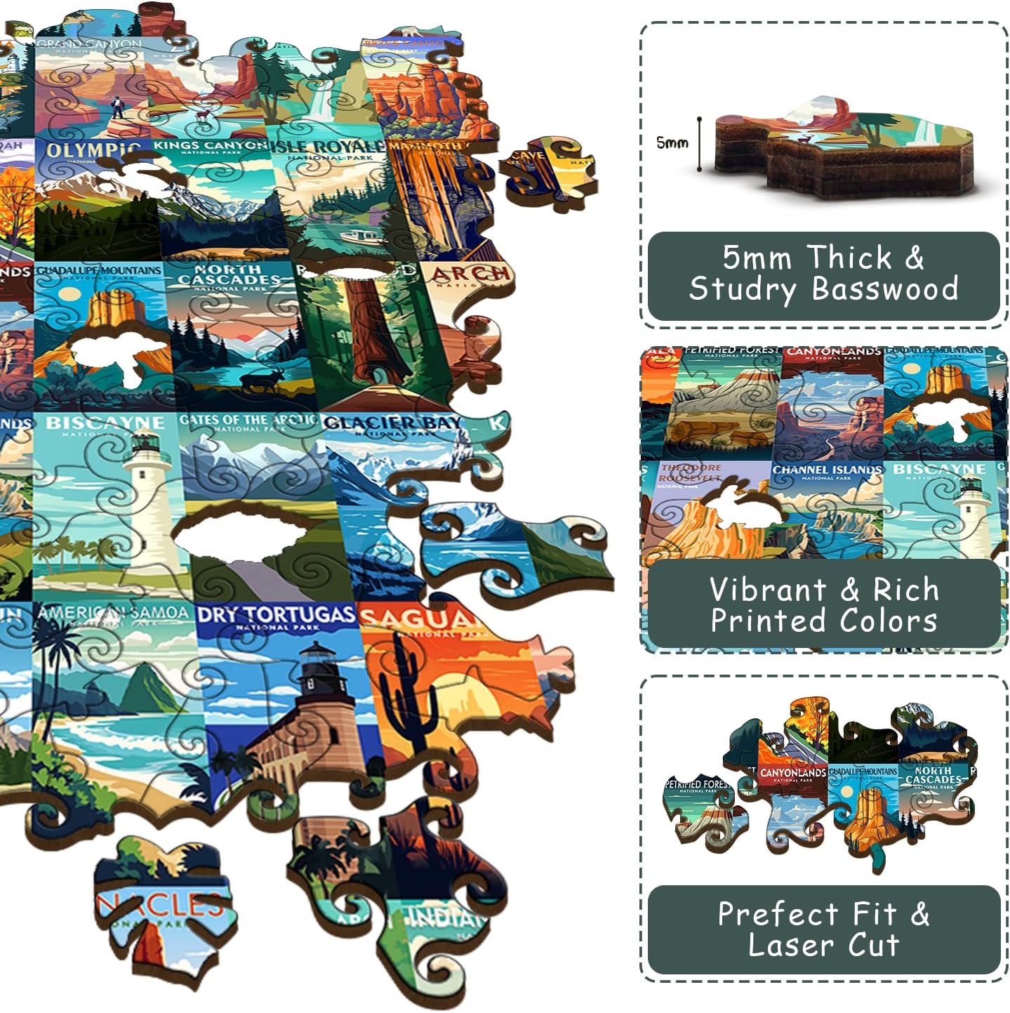 Wooden National Parks Puzzle for Adults 210 Pieces, Travel Poster Landscape Puzzle Including Yellowstone Zion Acadia Yosemite, Wooden Jigsaw Puzzles Nature Scenery Mountain Scene