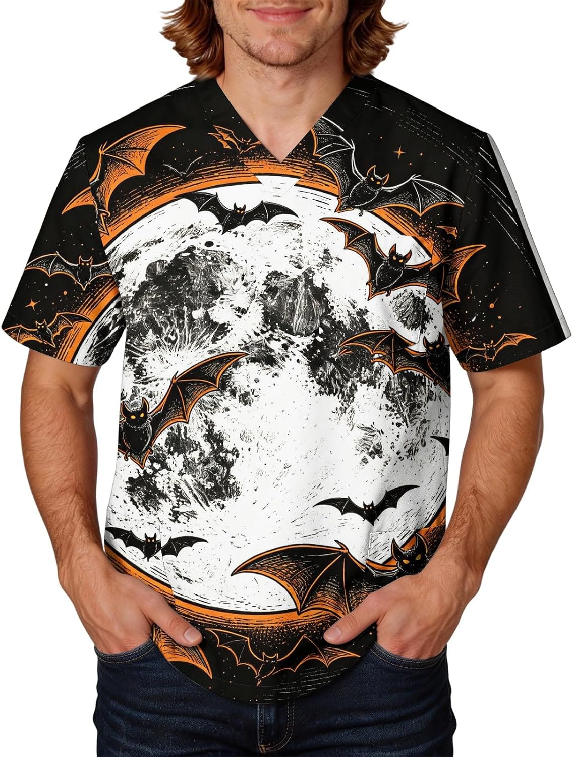 Halloween Scrub Top Mens Scrubs Pumpkin Print V Neck Short Sleeve Plus Size