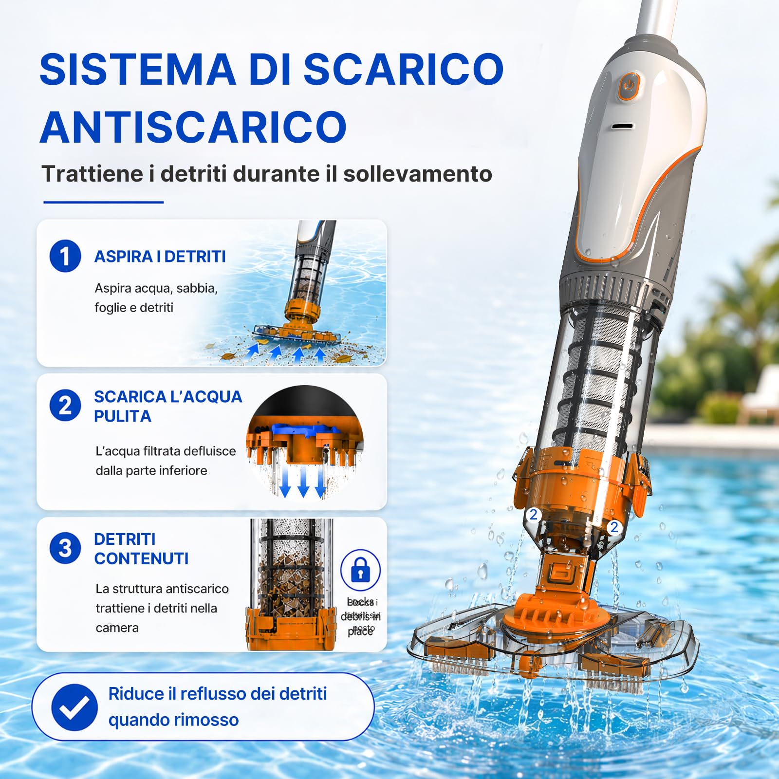 Aspirapolvere Piscina a Batteria, Aspiratore Piscina Senza Fili | Doppia Filtrazione Aspirapiscina, Aspiratore per Spa, Piccole Piscine, Vasche Idromassaggio, Autonomia 60 Minuti, Arancione