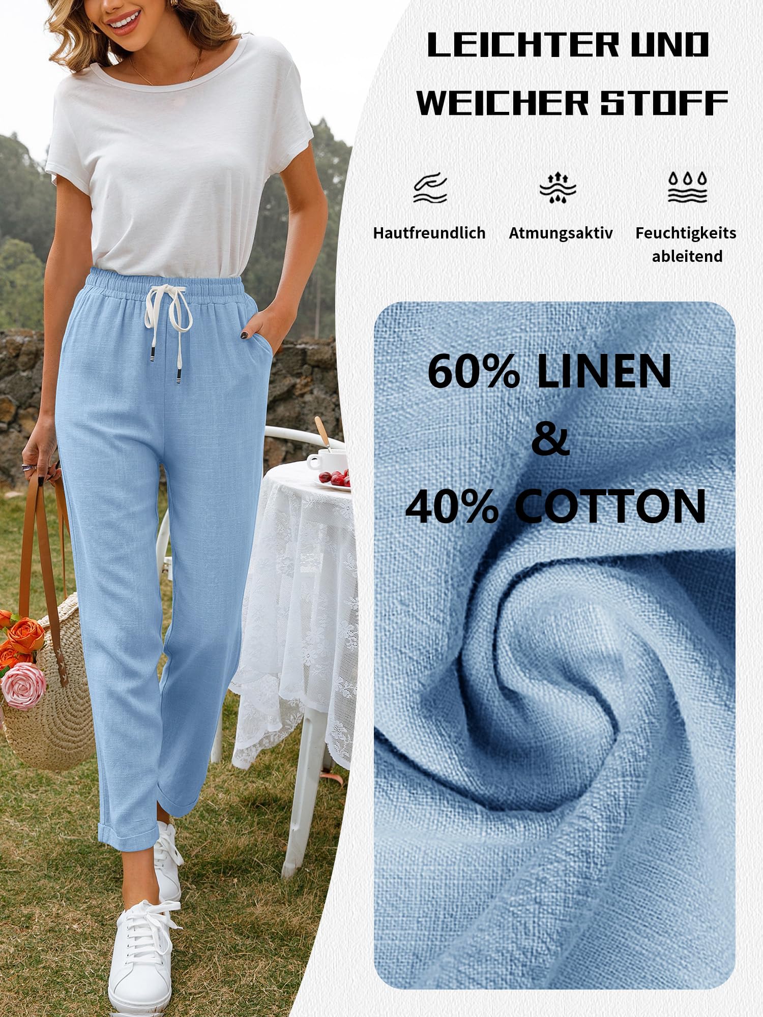 Pantaloni estivi da donna in lino, casual, leggeri, in cotone, comodi, traspiranti, per il tempo libero, da spiaggia, con tasche